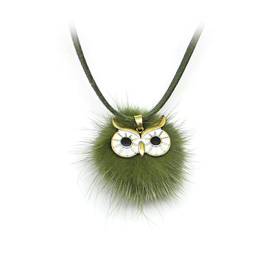 Pompom Fur Ball Owl Shape Pendant - Long Necklace