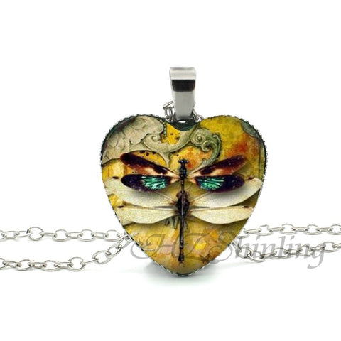 New Steampunk Dragonfly Heart Necklace