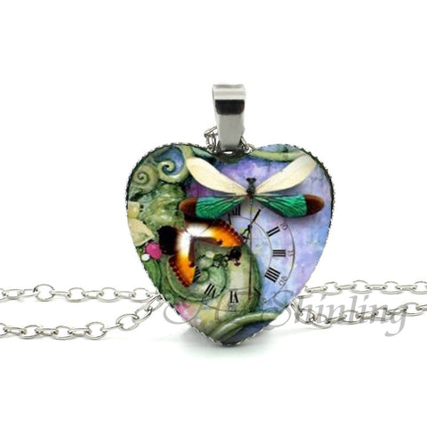 New Steampunk Dragonfly Heart Necklace