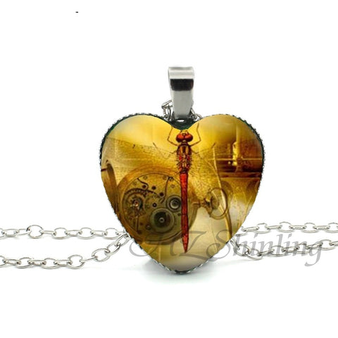 New Steampunk Dragonfly Heart Necklace