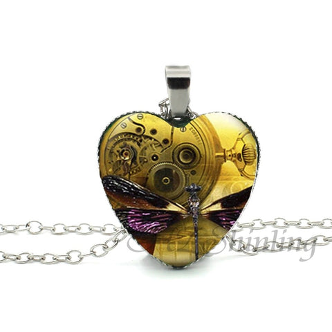 New Steampunk Dragonfly Heart Necklace