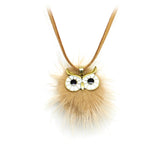 Pompom Fur Ball Owl Shape Pendant - Long Necklace