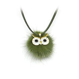 Pompom Fur Ball Owl Shape Pendant - Long Necklace