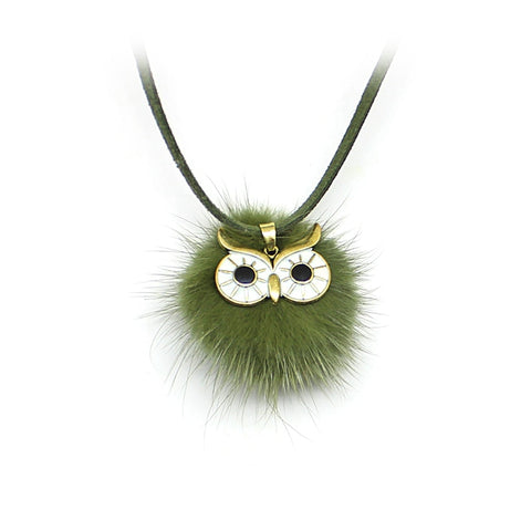 Pompom Fur Ball Owl Shape Pendant - Long Necklace