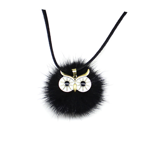 Pompom Fur Ball Owl Shape Pendant - Long Necklace