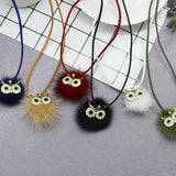 Pompom Fur Ball Owl Shape Pendant - Long Necklace