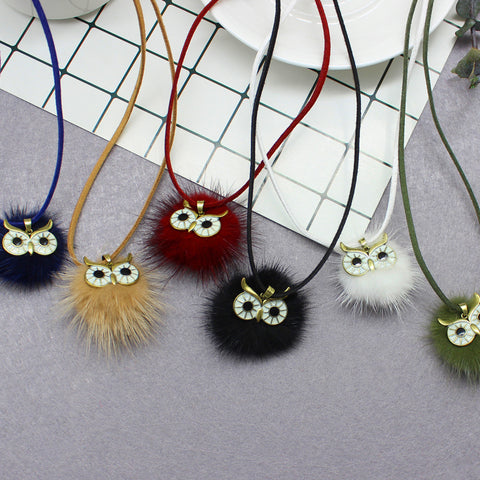 Pompom Fur Ball Owl Shape Pendant - Long Necklace