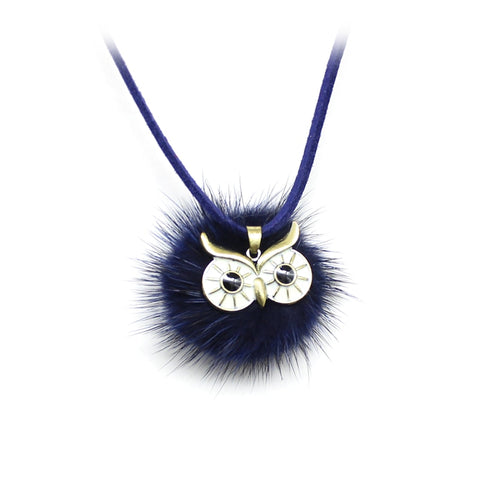 Pompom Fur Ball Owl Shape Pendant - Long Necklace