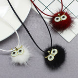 Pompom Fur Ball Owl Shape Pendant - Long Necklace