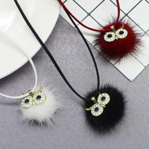 Pompom Fur Ball Owl Shape Pendant - Long Necklace