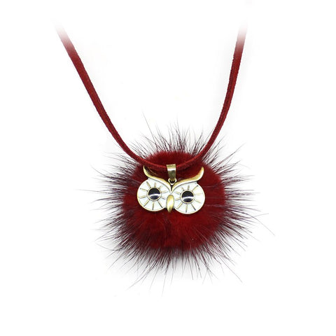 Pompom Fur Ball Owl Shape Pendant - Long Necklace
