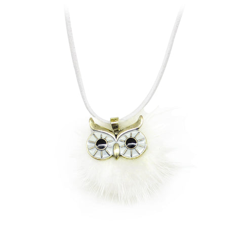 Pompom Fur Ball Owl Shape Pendant - Long Necklace