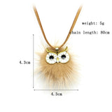 Pompom Fur Ball Owl Shape Pendant - Long Necklace