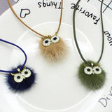 Pompom Fur Ball Owl Shape Pendant - Long Necklace