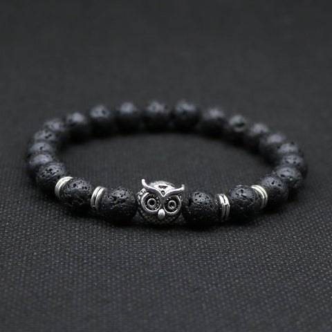 8mm Silver Plated Owl Head Bracelet With Natural Black Lava Stone