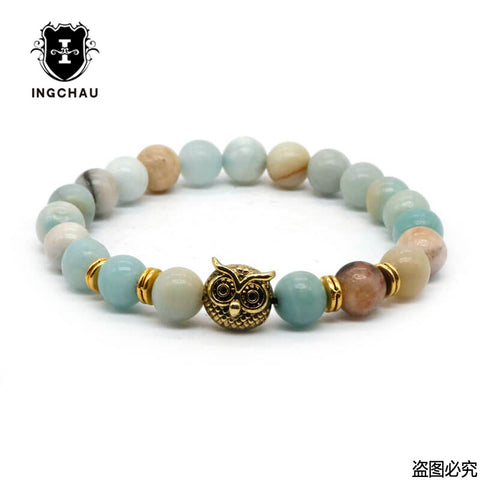 8mm Silver Plated Owl Head Bracelet With Natural Black Lava Stone