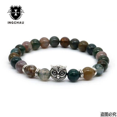 8mm Silver Plated Owl Head Bracelet With Natural Black Lava Stone