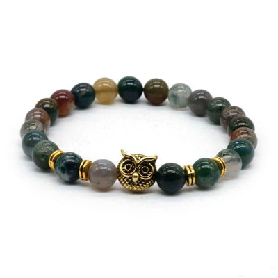 8mm Silver Plated Owl Head Bracelet With Natural Black Lava Stone