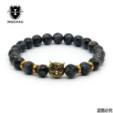 8mm Silver Plated Owl Head Bracelet With Natural Black Lava Stone