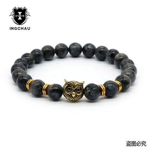 8mm Silver Plated Owl Head Bracelet With Natural Black Lava Stone