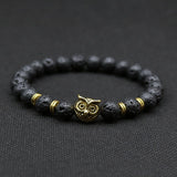 8mm Silver Plated Owl Head Bracelet With Natural Black Lava Stone