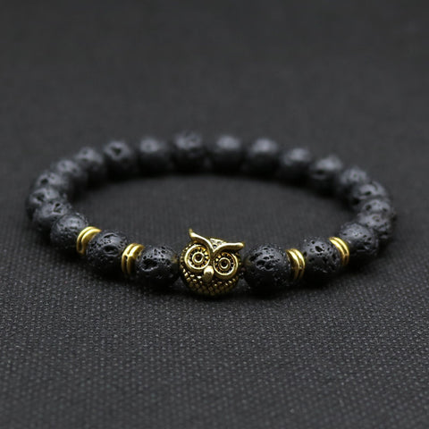 8mm Silver Plated Owl Head Bracelet With Natural Black Lava Stone