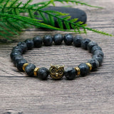 8mm Silver Plated Owl Head Bracelet With Natural Black Lava Stone