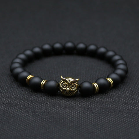 8mm Silver Plated Owl Head Bracelet With Natural Black Lava Stone