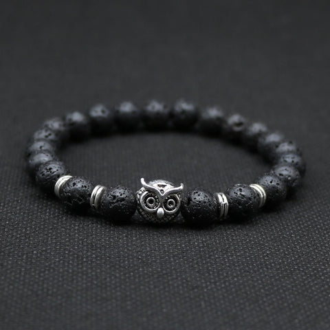 8mm Silver Plated Owl Head Bracelet With Natural Black Lava Stone
