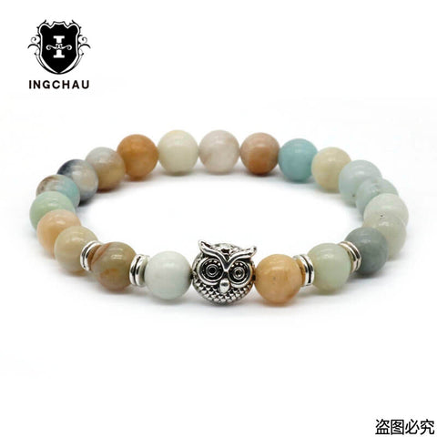 8mm Silver Plated Owl Head Bracelet With Natural Black Lava Stone