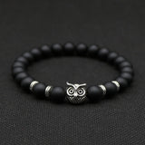 8mm Silver Plated Owl Head Bracelet With Natural Black Lava Stone