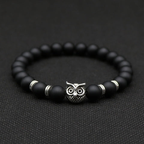 8mm Silver Plated Owl Head Bracelet With Natural Black Lava Stone