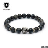 8mm Silver Plated Owl Head Bracelet With Natural Black Lava Stone