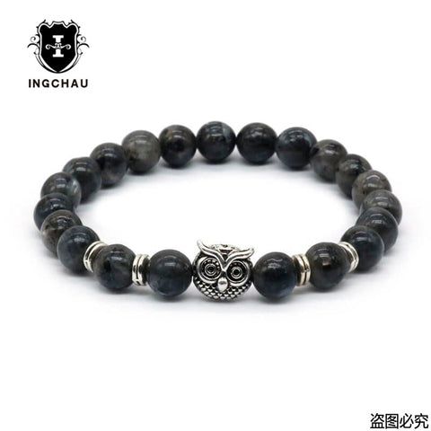8mm Silver Plated Owl Head Bracelet With Natural Black Lava Stone