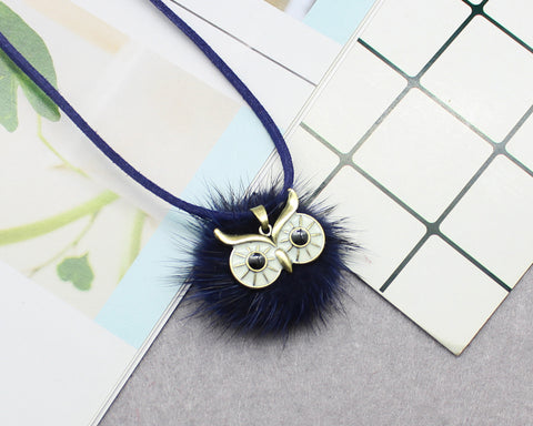 Pompom Fur Ball Owl Shape Pendant - Long Necklace