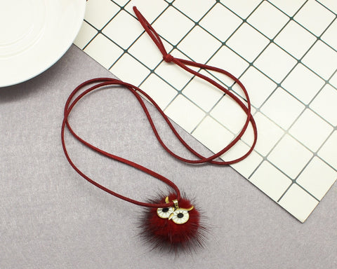 Pompom Fur Ball Owl Shape Pendant - Long Necklace