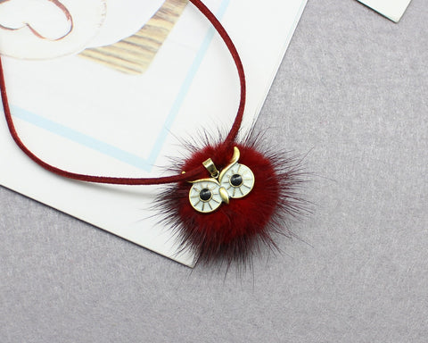 Pompom Fur Ball Owl Shape Pendant - Long Necklace