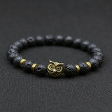8mm Silver Plated Owl Head Bracelet With Natural Black Lava Stone