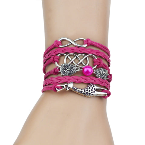 Leather Bracelet - Cute Owl & Giraffe