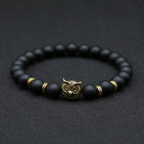 8mm Silver Plated Owl Head Bracelet With Natural Black Lava Stone