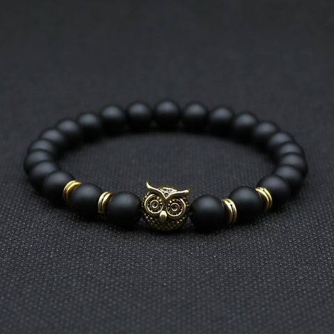 8mm Silver Plated Owl Head Bracelet With Natural Black Lava Stone