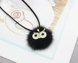 Pompom Fur Ball Owl Shape Pendant - Long Necklace