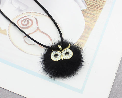 Pompom Fur Ball Owl Shape Pendant - Long Necklace