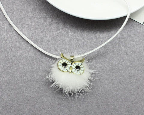 Pompom Fur Ball Owl Shape Pendant - Long Necklace