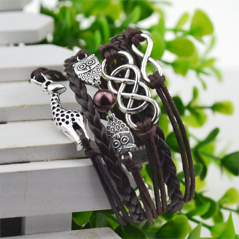Leather Bracelet - Cute Owl & Giraffe