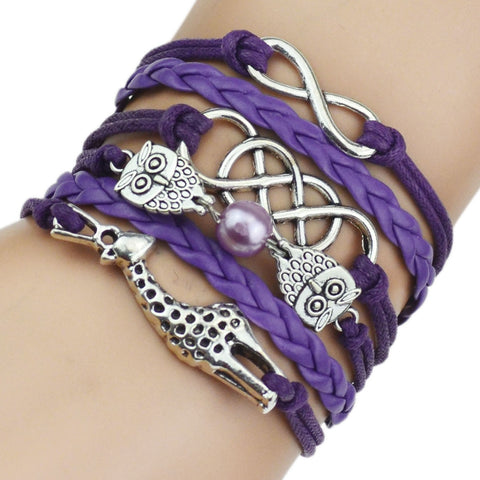 Leather Bracelet - Cute Owl & Giraffe