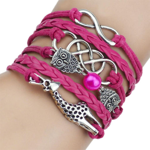 Leather Bracelet - Cute Owl & Giraffe