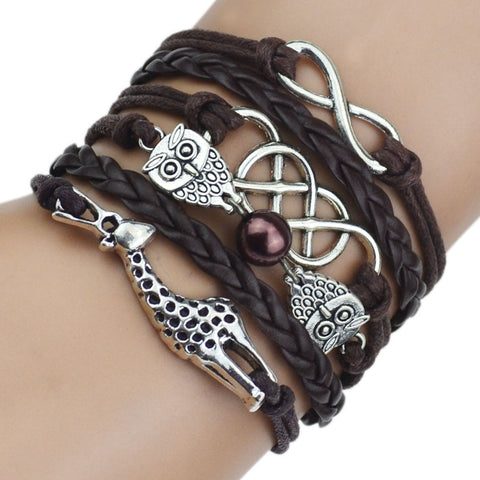 Leather Bracelet - Cute Owl & Giraffe