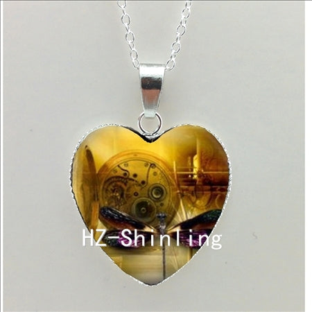 New Steampunk Dragonfly Heart Necklace