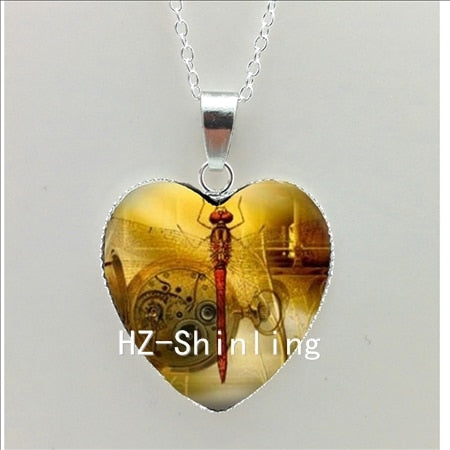 New Steampunk Dragonfly Heart Necklace